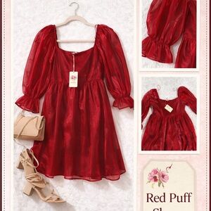 Entro Red Sheer Puff Sleeve Dress – Size Large – NWT